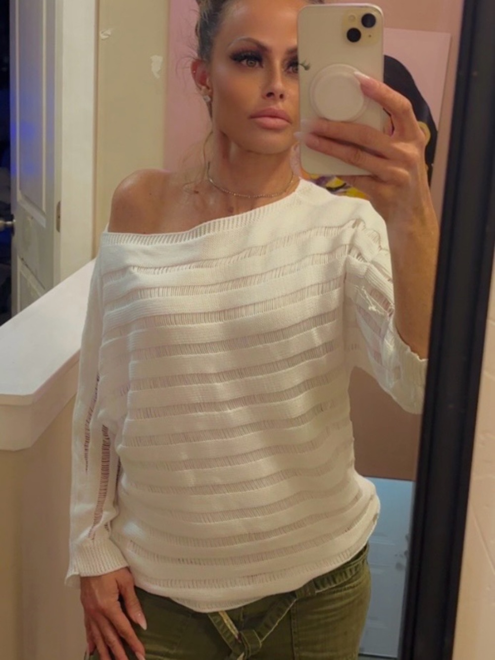 Off-Shoulder White Knit Sweater
